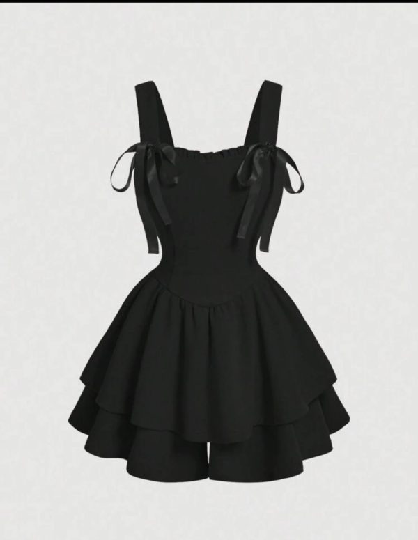 Elegant Black Ruffled Mini Dress with Bow Straps